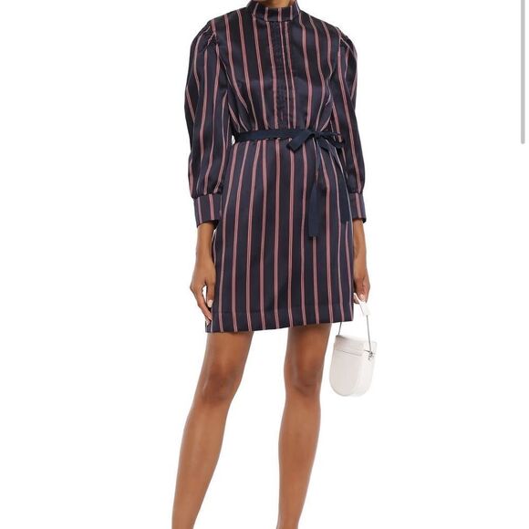 Sandro Respect Striped Navy Red White Pleated mini Dress FR38/US 6 long sleeve - Picture 1 of 12